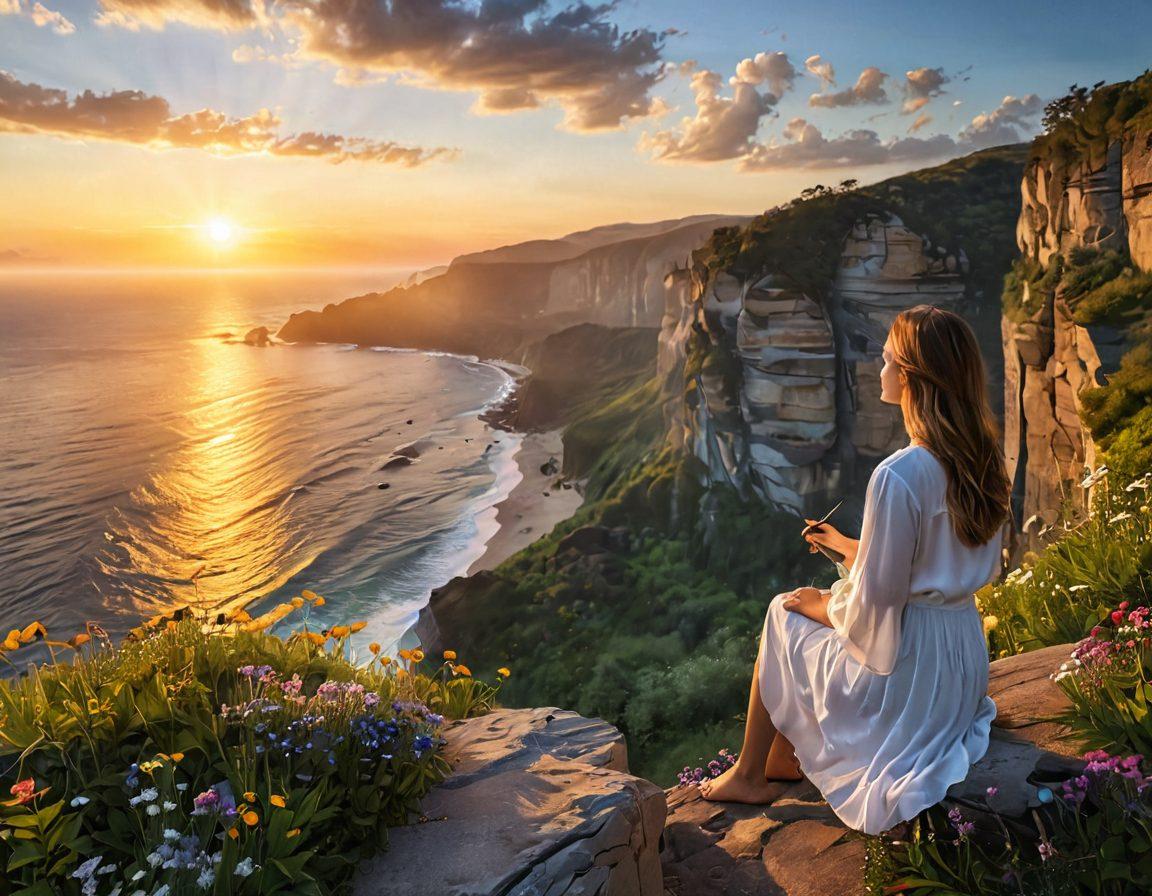 A serene landscape featuring a woman standing at the edge of a cliff overlooking a breathtaking sunrise, symbolizing self-discovery. She is surrounded by nature, with wildflowers and lush greenery, conveying empowerment and growth. Soft rays of light illuminate her figure, representing hope and inspiration. A journal and a pen rest beside her, hinting at blogging and reflection. super-realistic. vibrant colors. nature-inspired.