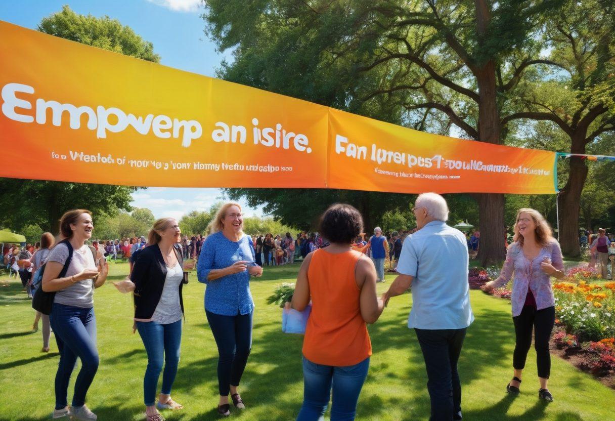 A diverse group of people of different ages and backgrounds joyfully interacting in a colorful park, showcasing connections through conversations, laughter, and shared activities. Bright banners displaying the words 'Empower and Inspire' flutter in the background, while trees and flowers radiate vibrant colors. The scene captures a sense of unity, support, and energy. super-realistic. vibrant colors. bright blue sky.
