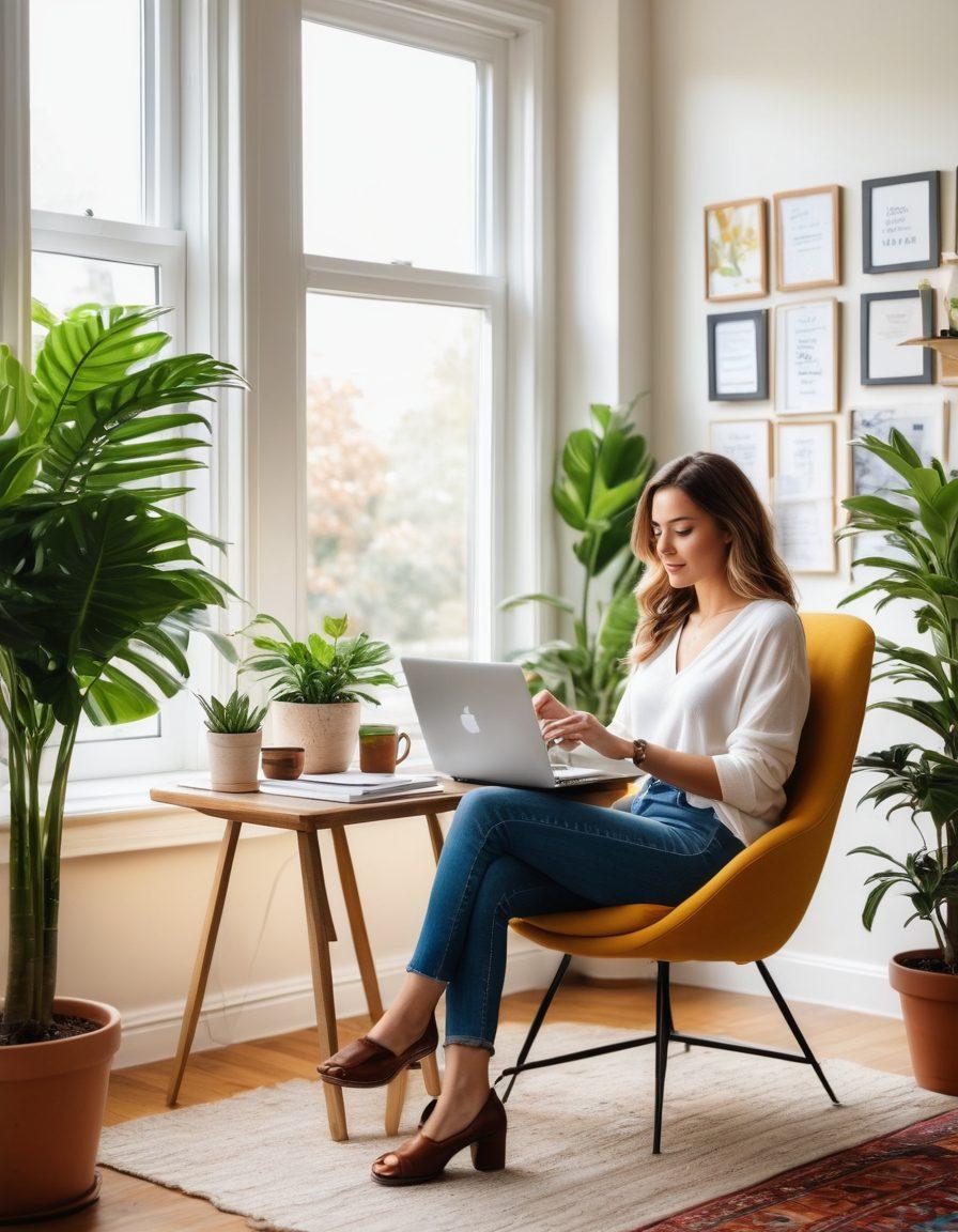 A modern woman confidently typing on a laptop in a cozy, stylish home office, surrounded by inspirational quotes on the wall, a comfortable chair, and plants for a touch of nature. Bright sunlight streams through the window, creating a warm and inviting atmosphere. She multitasks with a cup of coffee and a notepad, representing empowered living and creativity in blogging. vibrant colors. modern art style.
